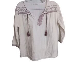 Hippie Laundry Sz M Boho Peasant Blouse Cream W/ Burgundy & Navy Embroidery